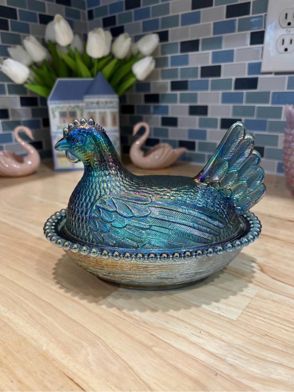 A Indiana Glass Hen on Nest - Blue Iridescent Carnival